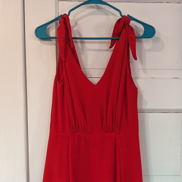 Betsy Johnson Red Midi Dress w Shoulder Ties, stain on front - Picture 3 of 7